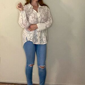 NWOT🌹Free People White Lace Button-Down Shirt
